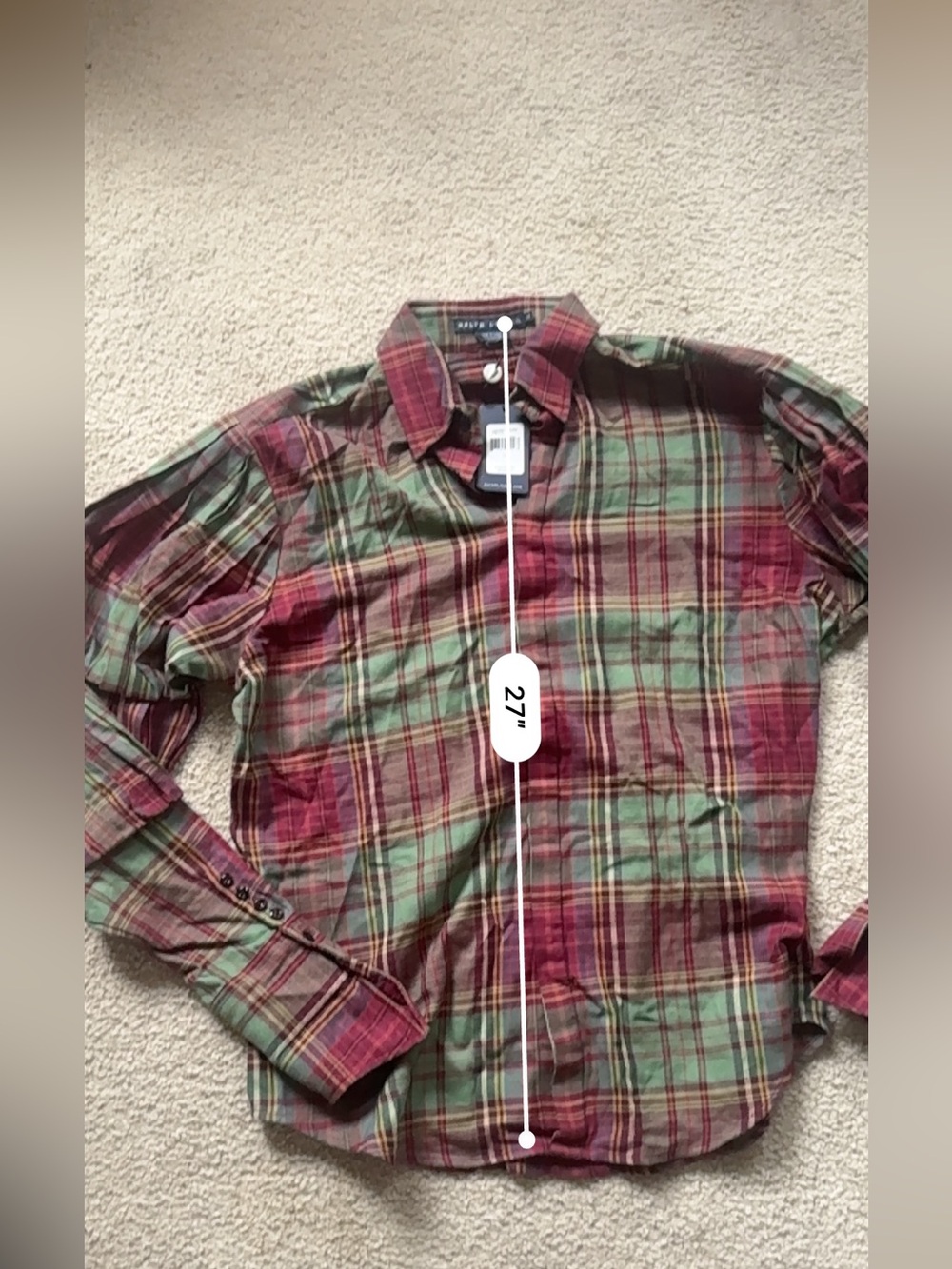 New RALPH LAUREN Size 14 Red & Green Plaid Cotton Blouse Puff Sleeves - Picture 7 of 8